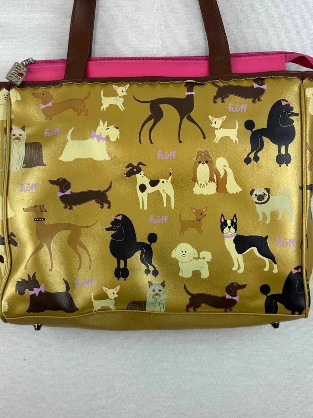 FLUFF METALIC GOLD TOTE BAG CARTOON DOG PRINT DARK BROWN HANDLES ZIP POCKET